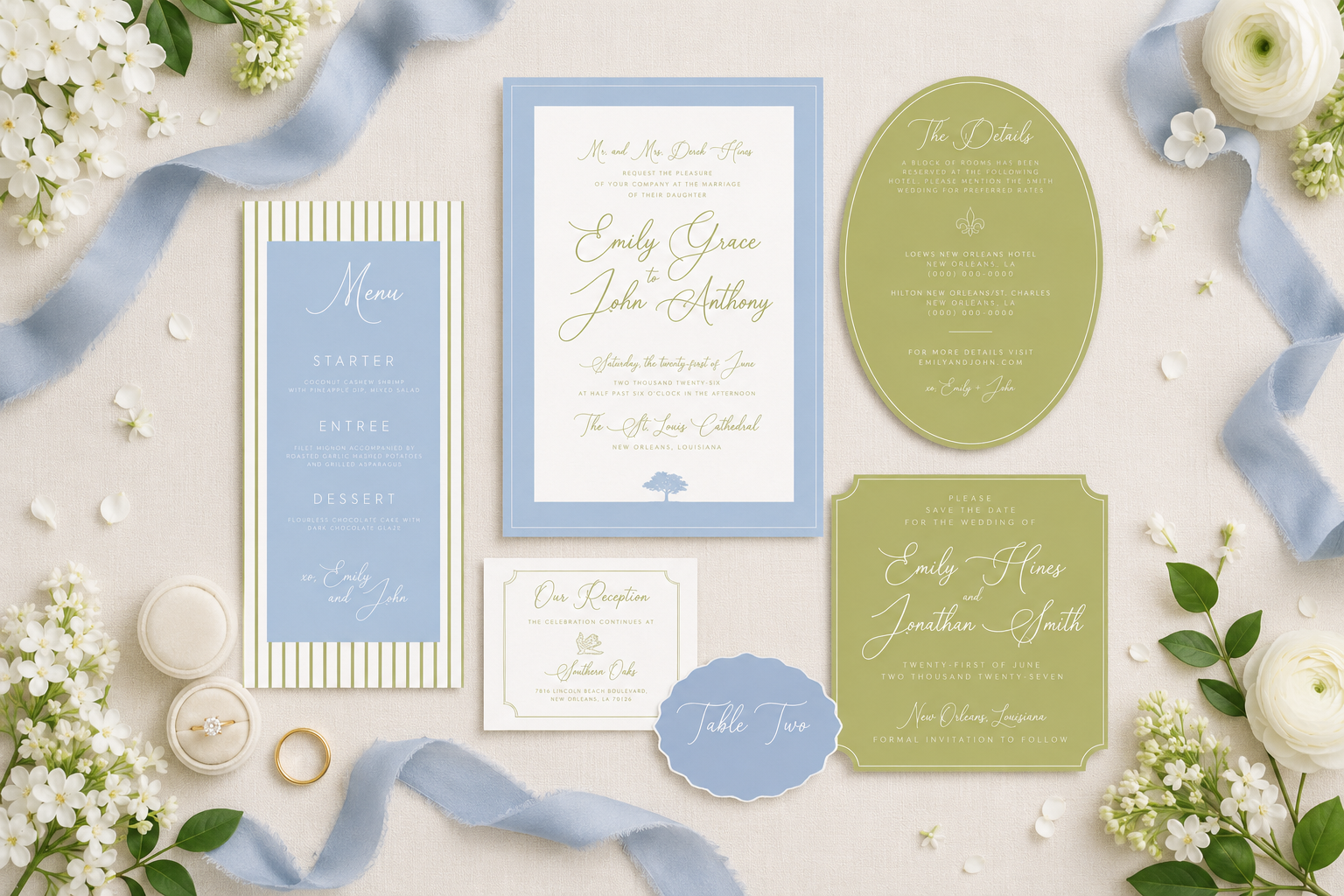 Custom wedding stationery flat lay