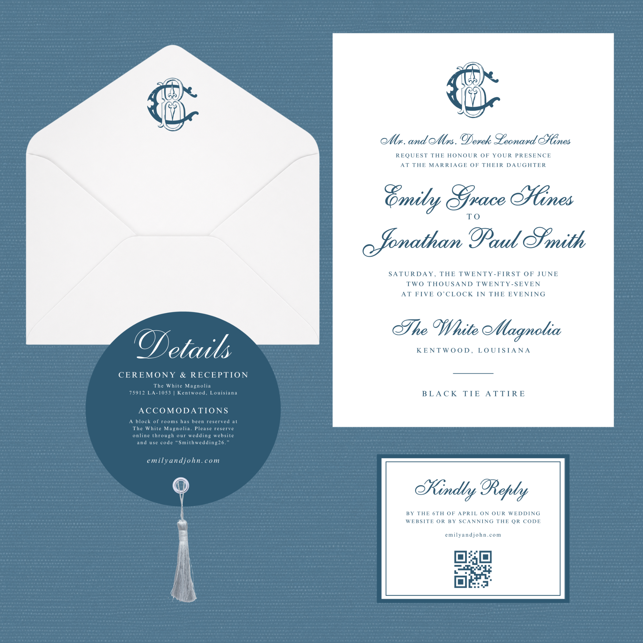 Custom navy wedding invitation suite