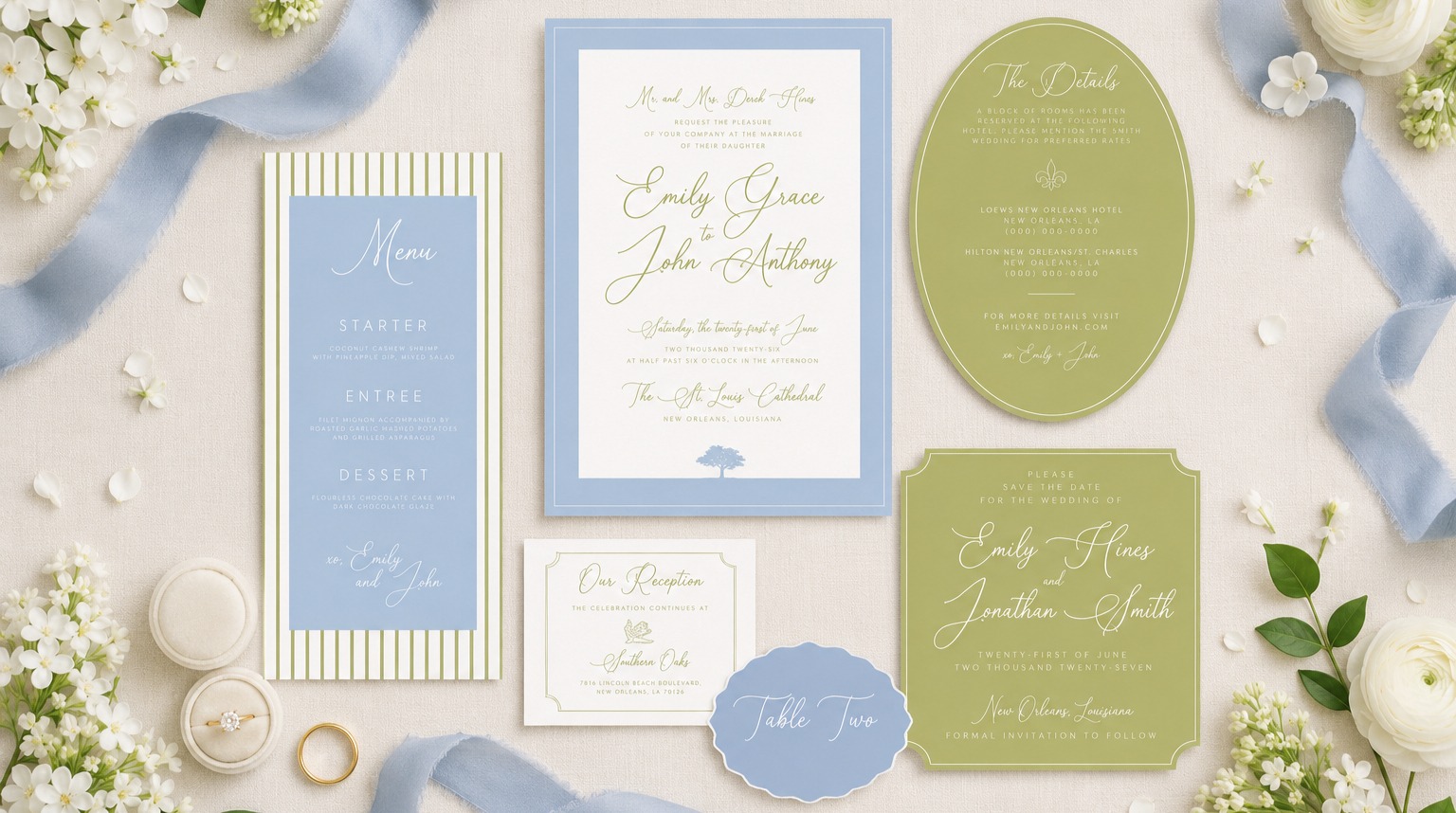Custom blue and green wedding stationery suite